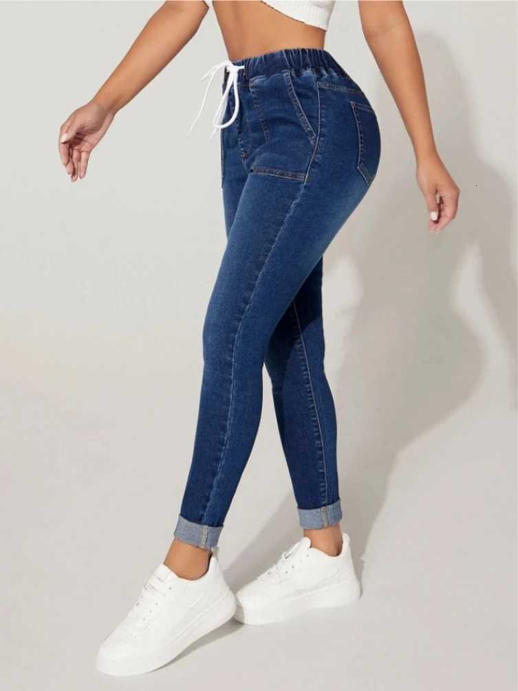2023 Autumn and Winter Womens High Stretch Elastic Waist Drawstring Jeans Fashion Skinny Slim Ankle-Length Denim Pencil PantsT251208