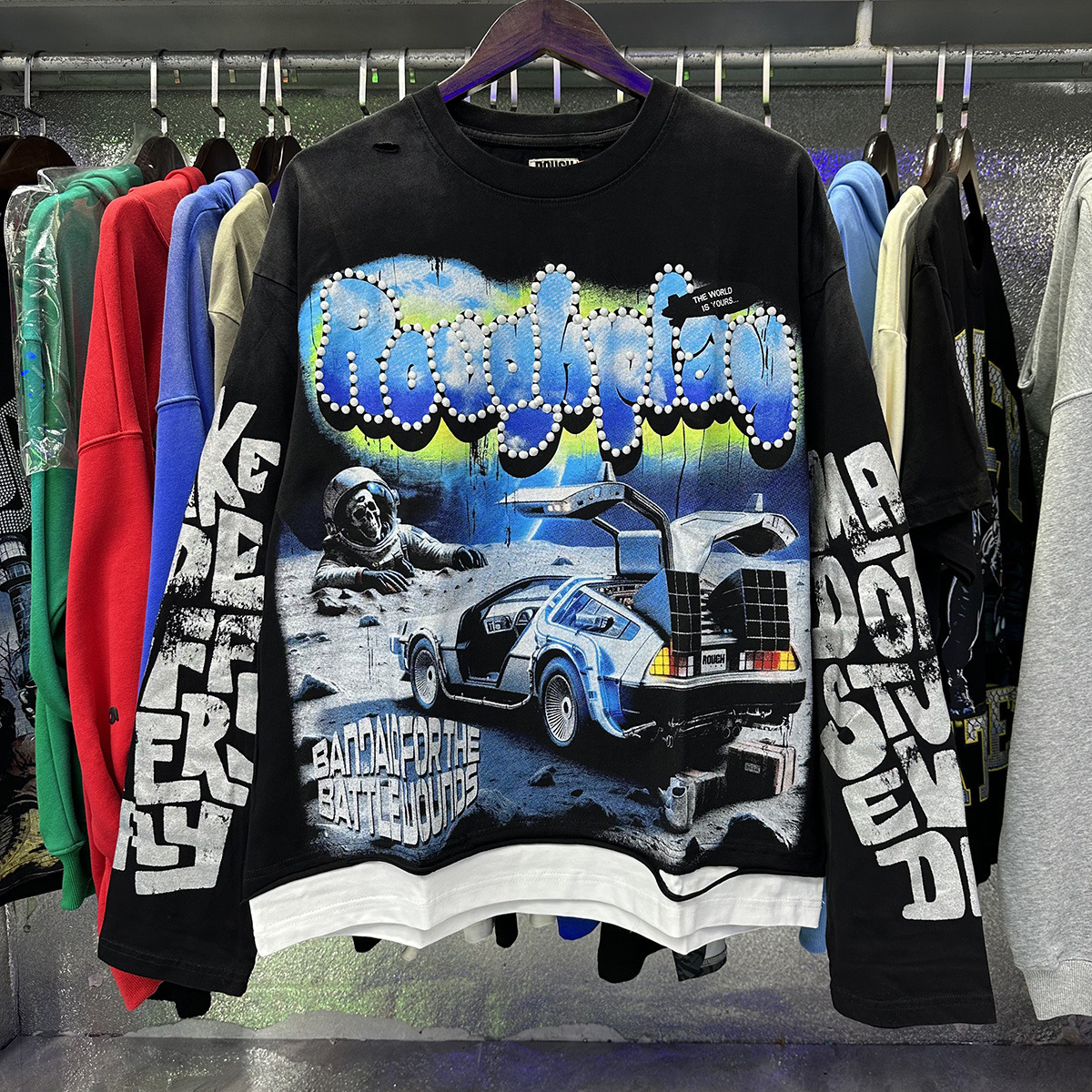 Men's Hoodies RoughPlay Vintage Sweatshirts Washed Skull Hip-hop Style Ripped Hole Patchwork Black Casual Letter Printed Y2K Top Tees High-qualit