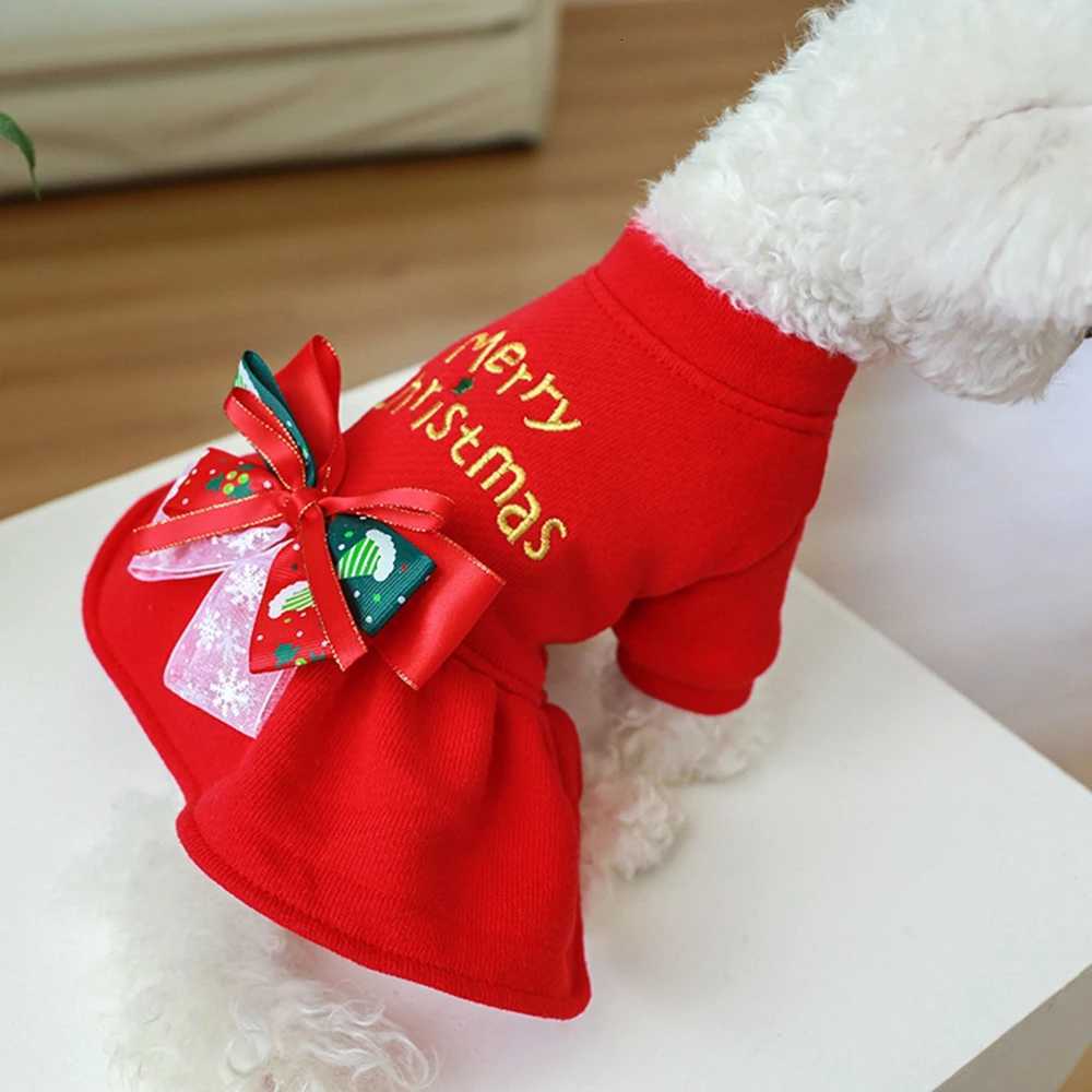 Christmas Dog Princess Dress Autumn Winter Warm Fleece Skirt Christmas Elements Bow Tie Dress Up Small Dog Cosplay Costume M251208