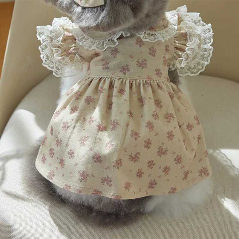 Pet Spring Floral Shirt Skirt Cat Autumn Corduroy Printed Dress Teddy Collar Lace Top Puppy Clothes Dog Dresses for Small Dogs M251208