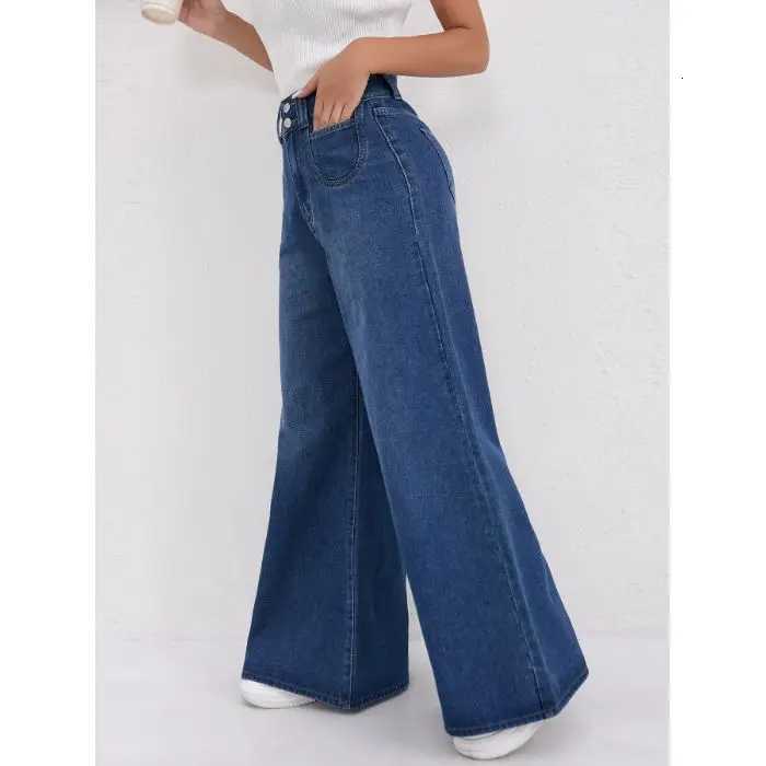 Autumn and Winter Trend High-waisted Double-button Solid Color Loose Wide-leg Jeans with A Flowing Look Versatile for WomensT251208