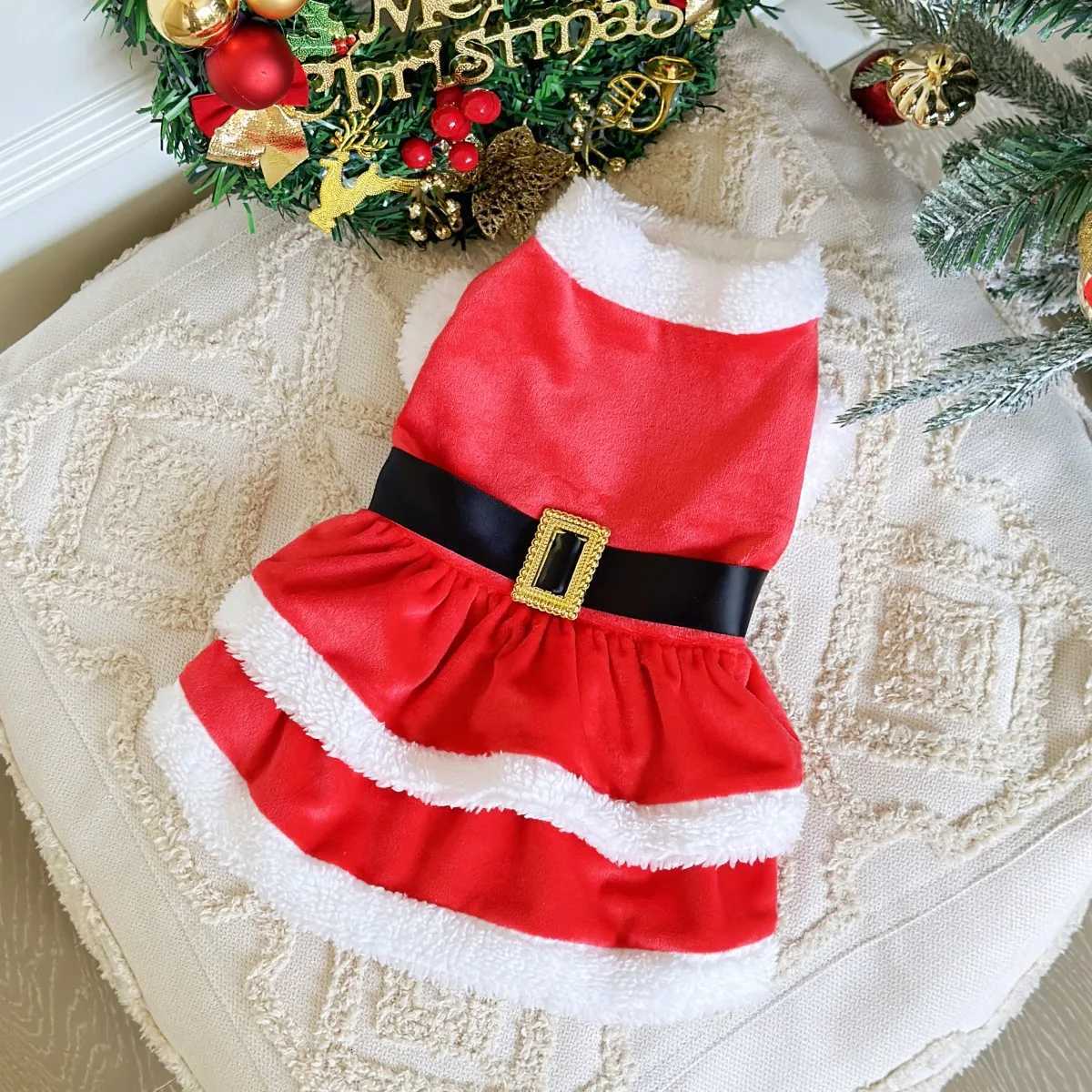 400A Red Velvet Cake Tiered Dress with a Black Satin Belt Gold Buttons and White Trim for Christmas M251208