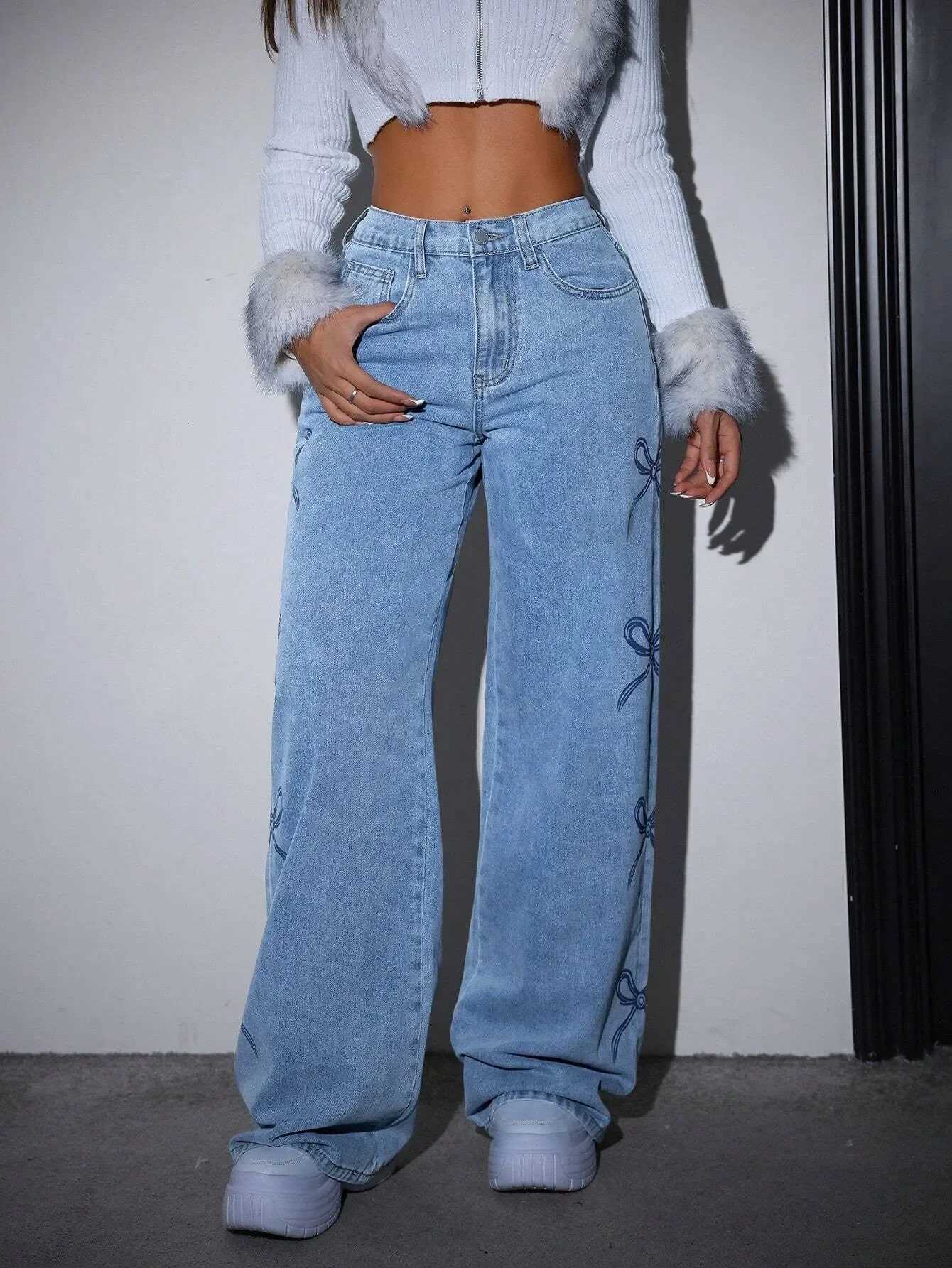Denim Pants Women Bow Print Jeans High Waist Washed Distressed Straight Trousers Vintage Floor Length Streetwear Wide Leg PantsT251208