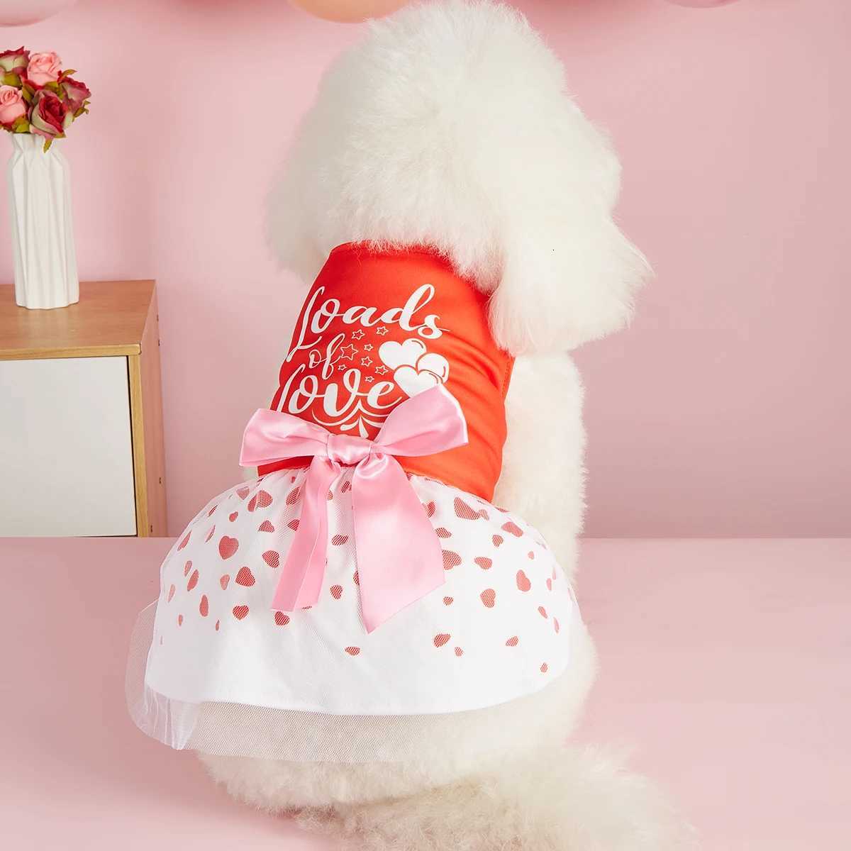 Valentines Day Pet Dress Red Top Loads of Love Cute Puppy Skirt with Heart Prints Bow - tied Doggie Outfit Clothes Apparel M251208