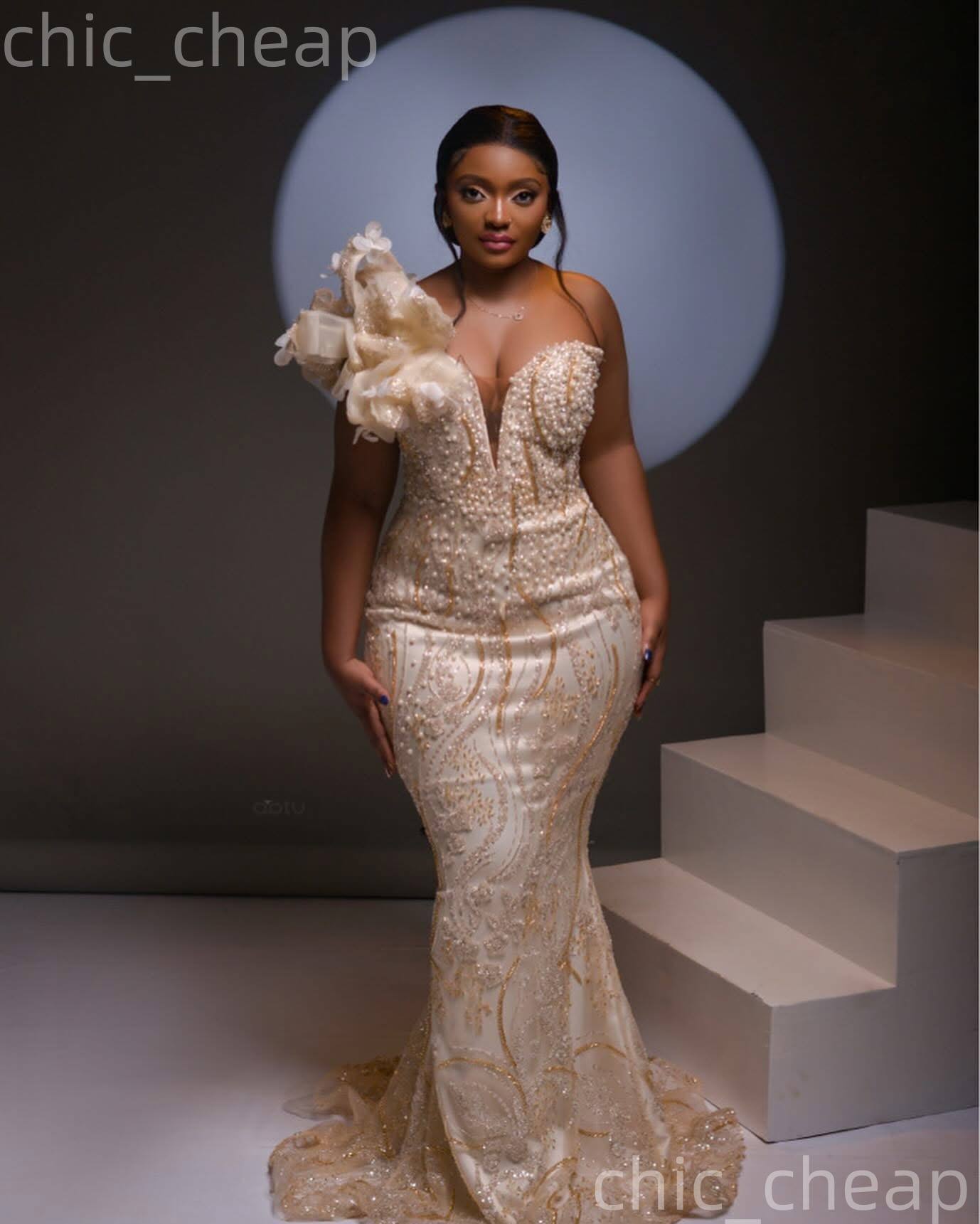 Aso Ebi Champagne Mermaid Prom Dresses 2026 Pearls Flowers One Shoulder Evening Formal Party Second Birthday Engagement Gowns Plus Size Dress For Spec