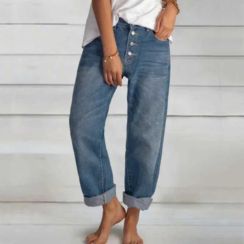 Jeans Straight Pants Women Denim Spliced Button Loose Pockets High Waist Wash Ankle Length 2024 Vintage Distressed BasicsT251208