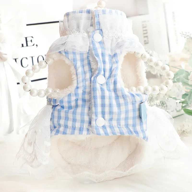 Thickened High Neck Plaid Pet Dress for Small Dogs Princess Lace Sweet Vest Patchwork Mesh Autumn Winter Clothes for Cats M251208