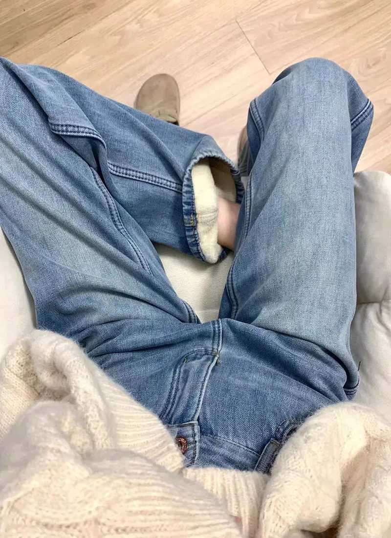 Thick Fabric Waist Straight Leg Jeans Women Popular Winter Plus Size Slimming High Waisted Warm Wide Leg Pants Fashion ItemT251208