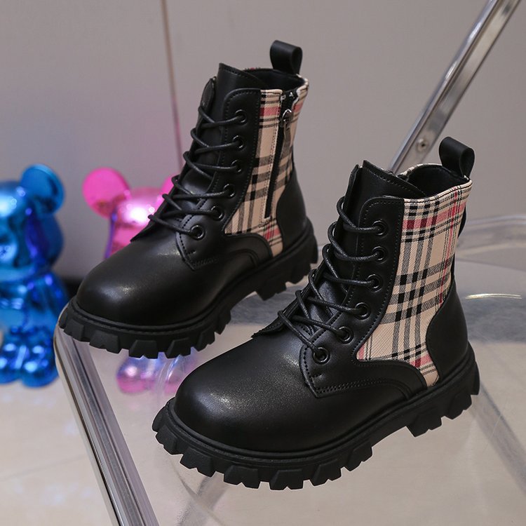 Designer shoes 2025 casual and fashionable childrens Martin boots new trend classic plaid leather boots