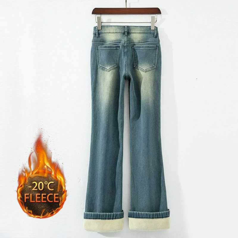Autumn Winter Thickened Fleece-Lined Vintage Straight-Leg Jeans Womens Slimming Hip-Hiding Elastic Micro-Flared Cotton TrousersT251208
