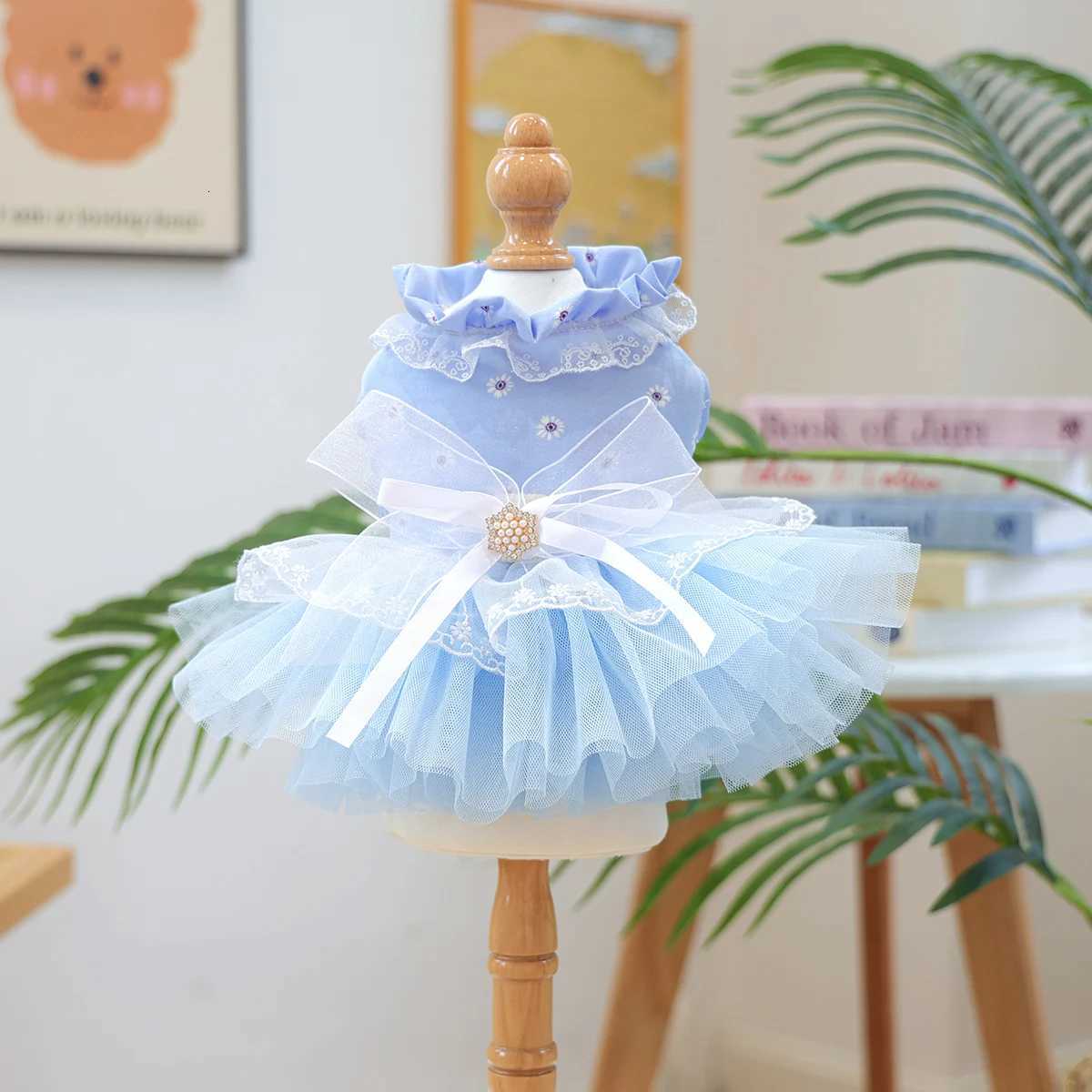 Waltz Mesh Dress Pet Clothes Dogs Cats Summer Hair Loss Prevention Blue Wedding Dress M251208