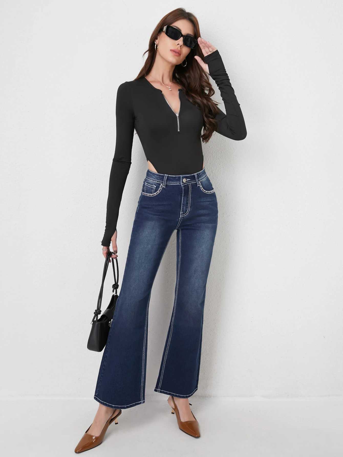 2025 Autumn/Winter New Womens Denim Pants The back pocket features sequin embroidered geometric patterns The edge of the fronT251208