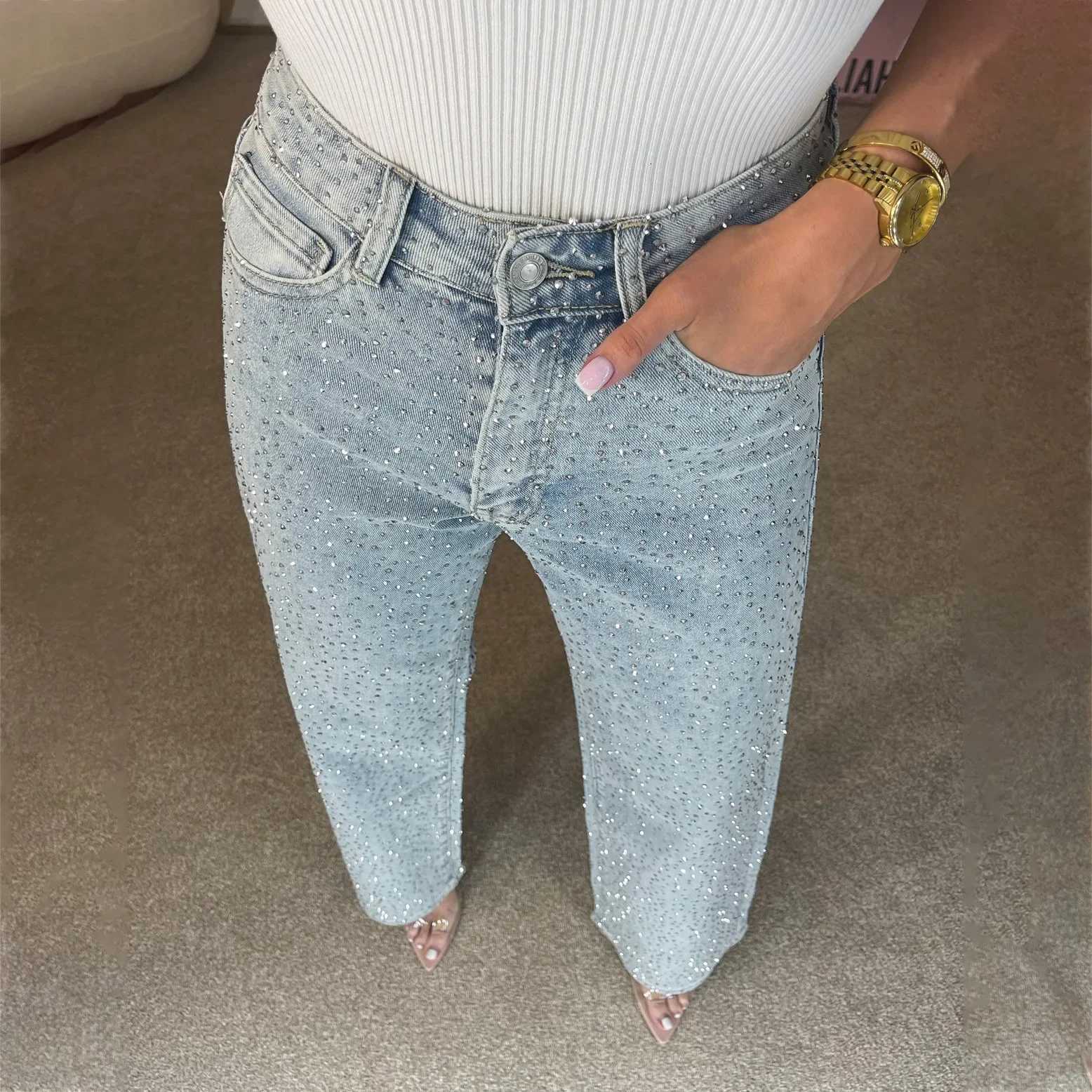 High Waist Rhinestone Jeans Women Straight Denim Pants Diamonds Vintage Ankle Length Loose Pockets Trousers Zipper TrousersT251208