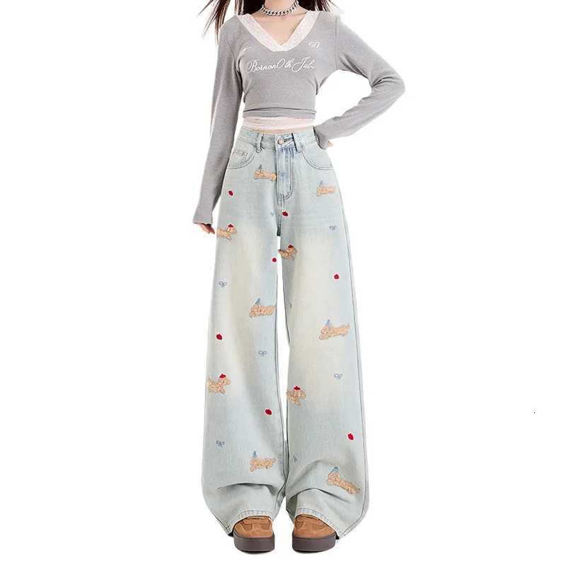 White Dachshund High-waisted Wide-leg Jeans for Women Autumn and Winter Embroidered Slimming Loose Straight Floor-length PantsT251208