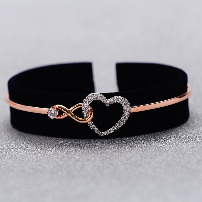 Bracelet Rose Gold Plated Crystal Accented Open Heart with Eternal Knot Design for Romantic Anniversary and Birthday Gift High Quality Texture