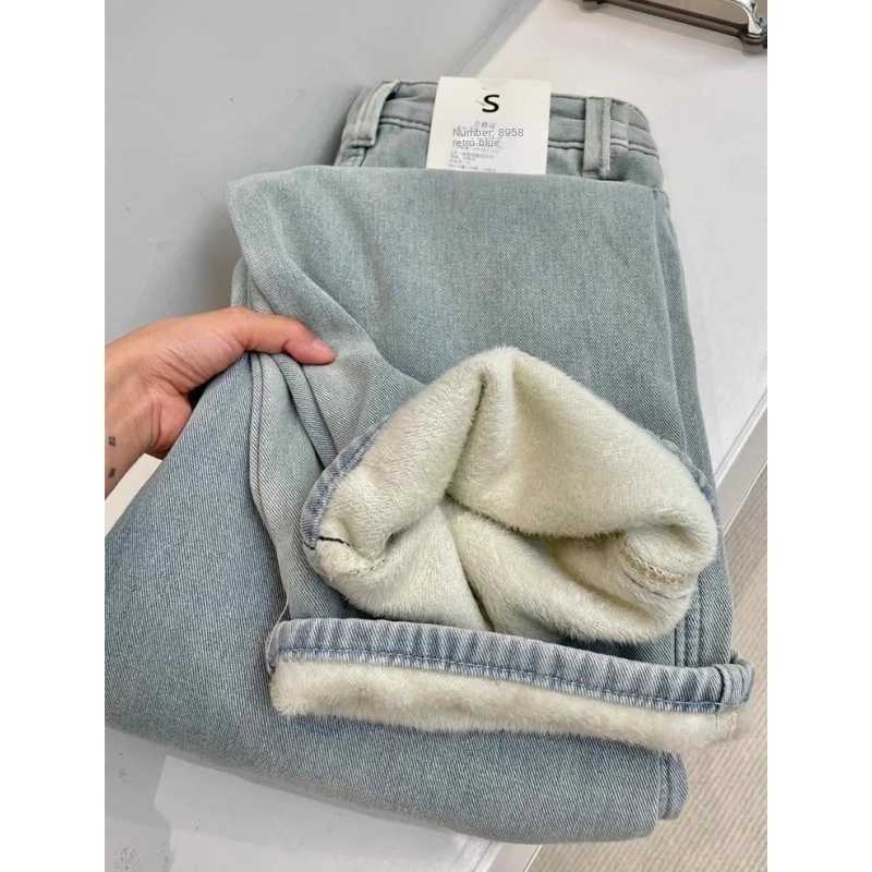 Jeans For Woman Y2k Pants 2025 Latest Light Blue American High Street Winter Fleece Loose Wide Leg Straight Long Denim TrousersT251208