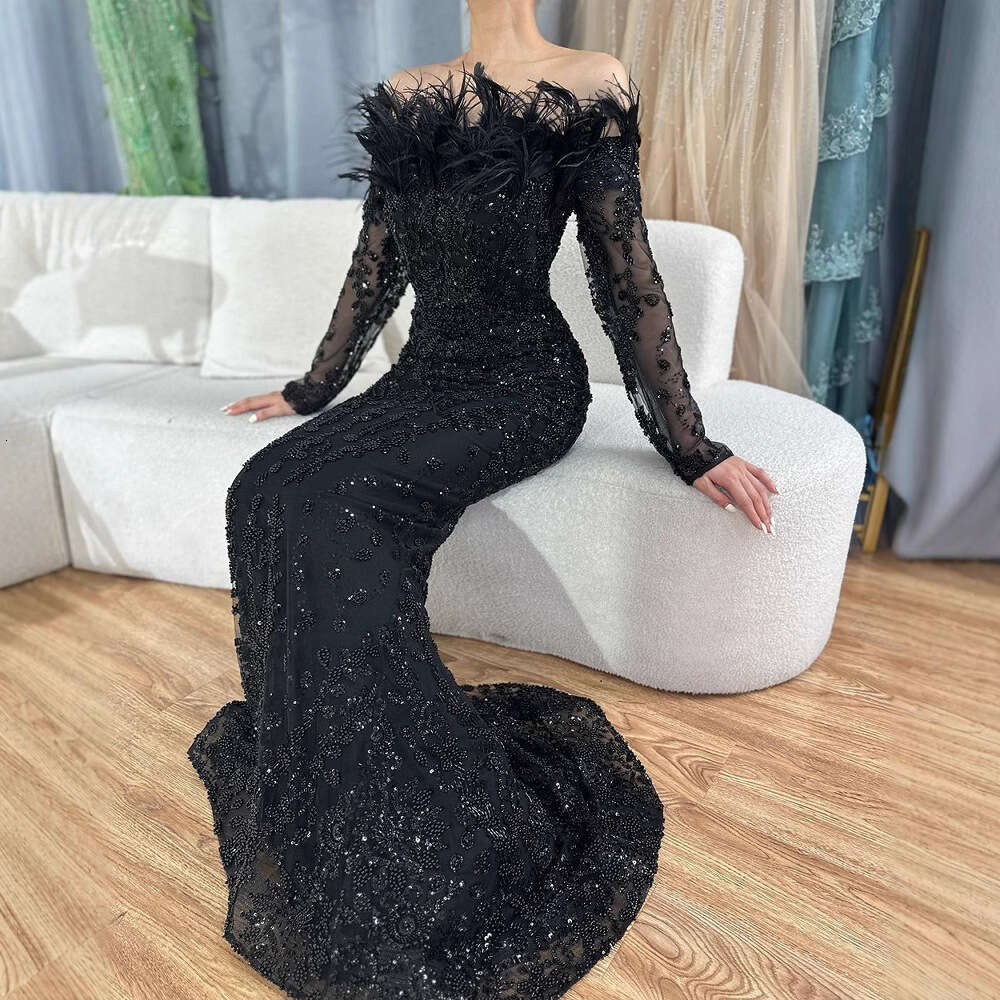 Evening Dress For Women Designer Luxury 2026 Black Off-Shoulder Feather Mermaid Gown Elegant Socialite Banquet Host Evening Dress