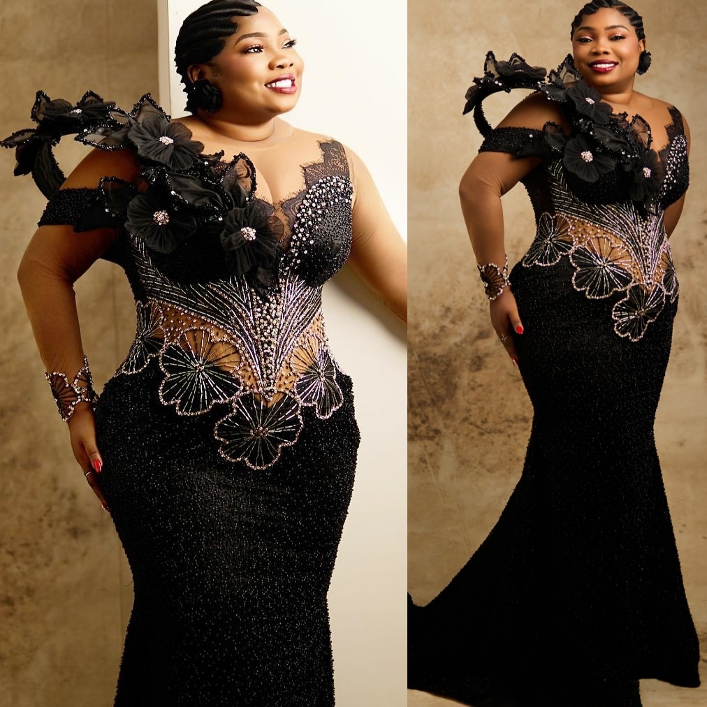 Aso Ebi Black Mermaid Prom Dresses 2026 Flowers Crystals Beaded Evening Formal Party Second Birthday Engagement Gowns Plus Size Dress For Special Occa