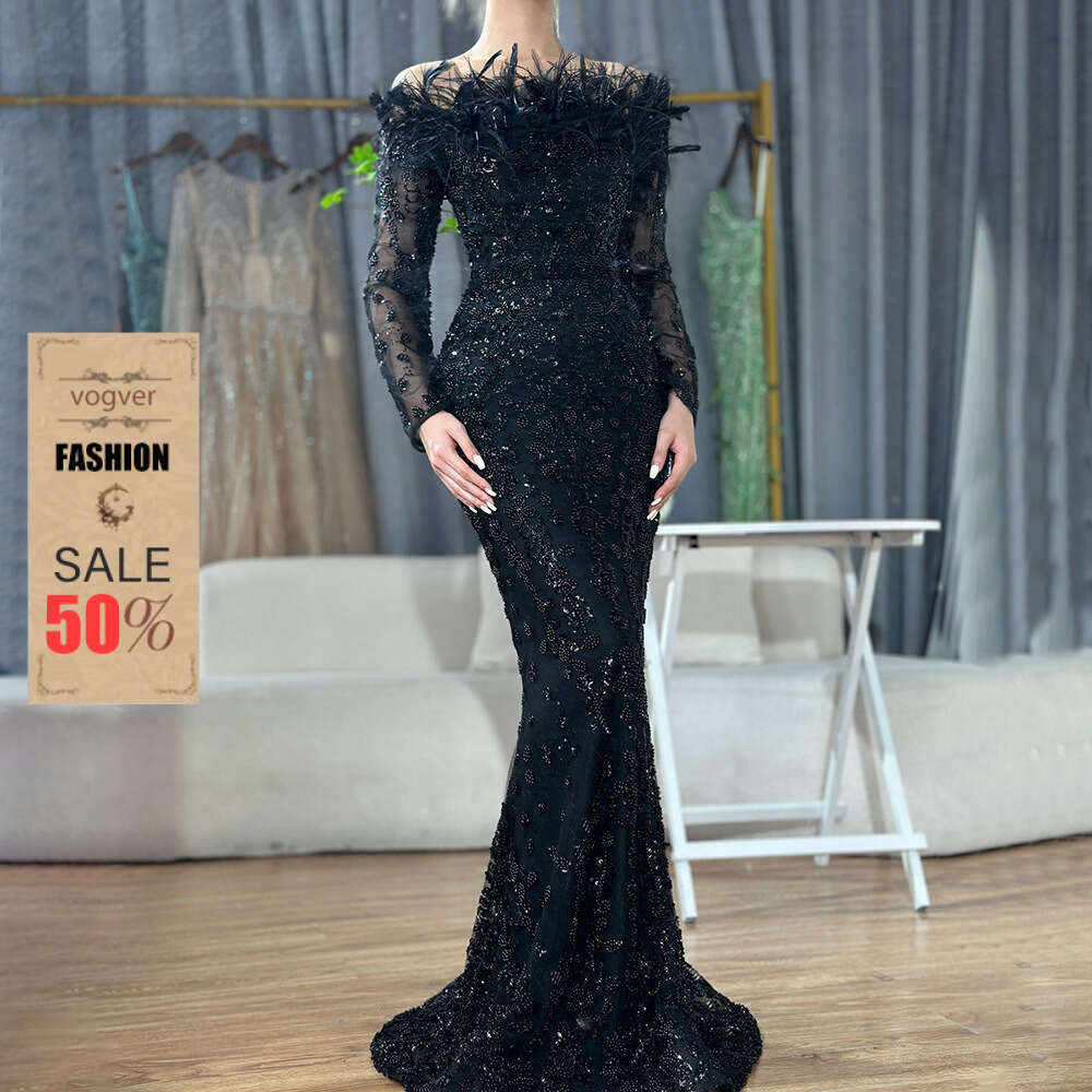 Evening Dress For Women Designer Luxury 2026 Black Off-Shoulder Feather Mermaid Gown Elegant Socialite Banquet Host Evening Dress