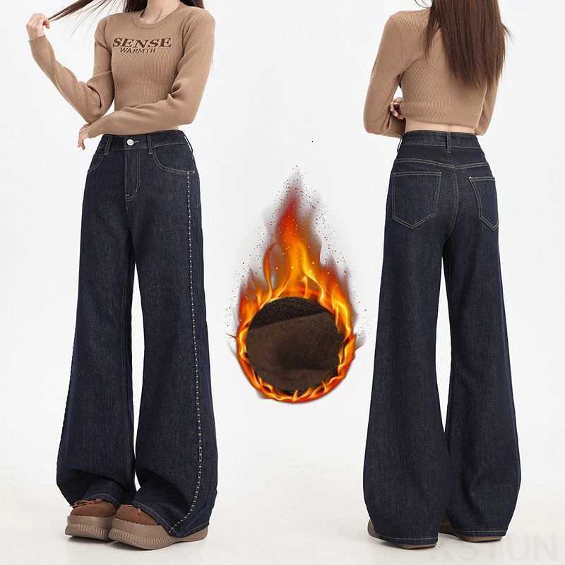 KSTUN Fleece Jeans For Women Winter Bell Bottom Trousers Warm Thicken Embroidered Stripes Design Mom Straight Leg Flared PantsT251208