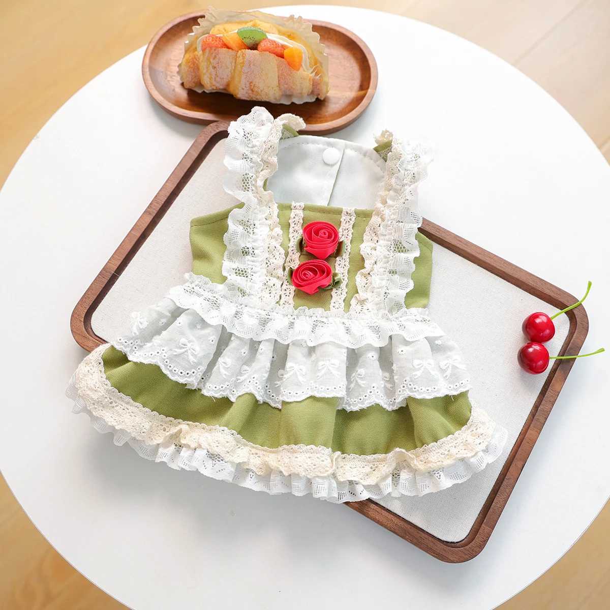 Pet Cat Dog Clothes Early Autumn Princess Style Green with Rose Flower Accessories Dress Suspender Skirt M251208