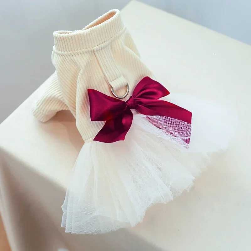 1PC Beige Chest Back Gauze Skirt Pet Clothes Dog Cat Anti-hair Loss Beige Princess Style Dress Red Bow Traction M251208