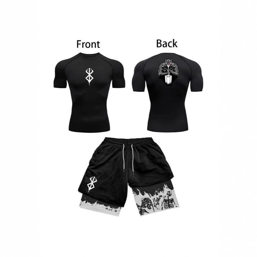 Mens Sets Berserk Guts Compression Print Two-Piece Set Trendy Sports Fitness Short-Sleeve T-Shirt Casual Athletic Shorts