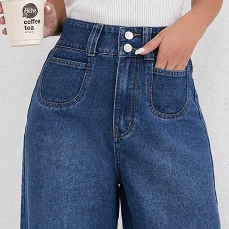 Autumn and Winter Trend High-waisted Double-button Solid Color Loose Wide-leg Jeans with A Flowing Look Versatile for WomensT251208