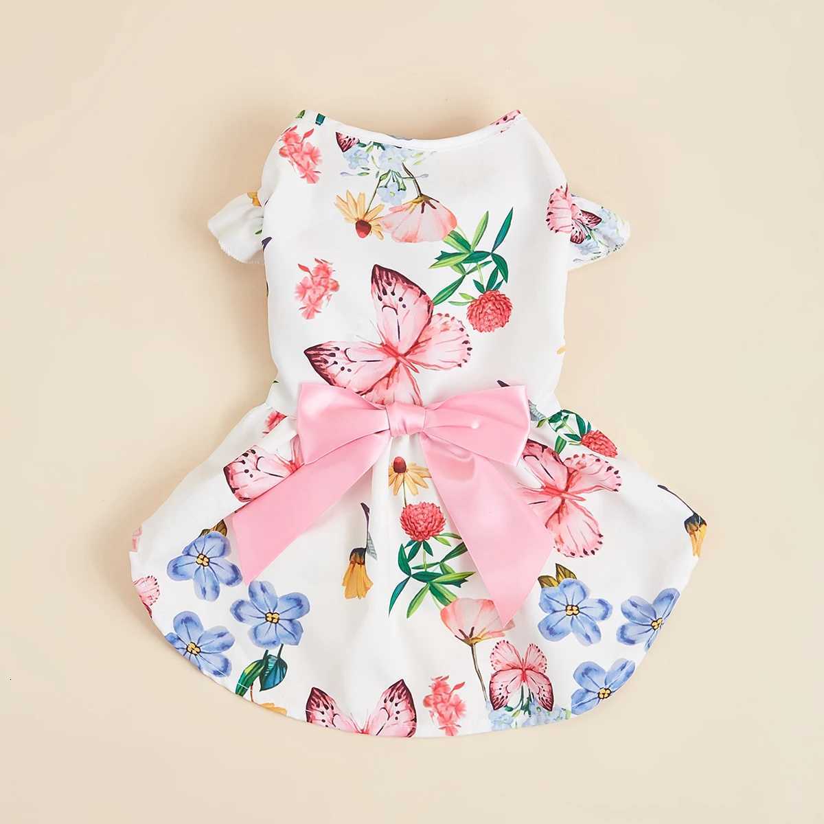 Dog Princess Dresses for Small Dogs Girls Floral Puppy Dresses Pink Bowknot Dress Pretty Butterfly Doggie Summer Hem Outfits M251208