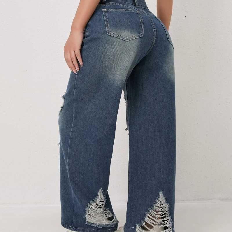 Autumn and Winter Trendy High-waisted Ripped Loose Wide-leg Straight-leg Jeans for Women Casual Fashionable and VersatileT251208