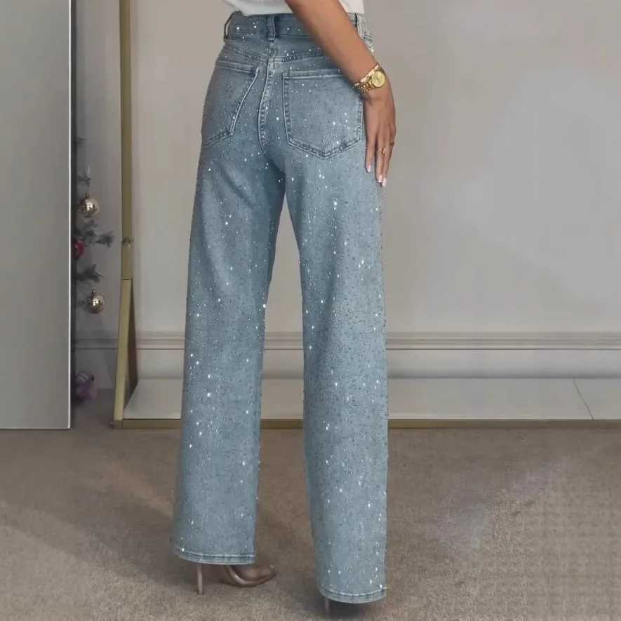 Womens full diamond washed denim jeans womens high-end high waisted straight leg pants spicy pantsT251208