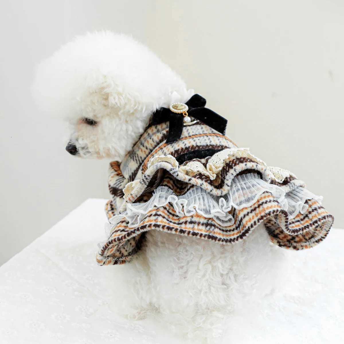 Fashion New Dog Clothes Stripe Lace Vintage Princess Dog Dress Soft Winter Clothes For Small Dogs For Chihuahua Bichon Pet M251208