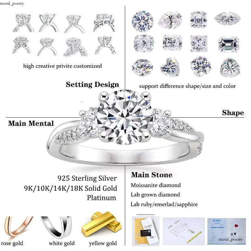 Luxury 9k 10k 14k 18k Engagement High Quality 3 Ct White Gold Round Cut Silicon Stone VVS Moissanite Ring