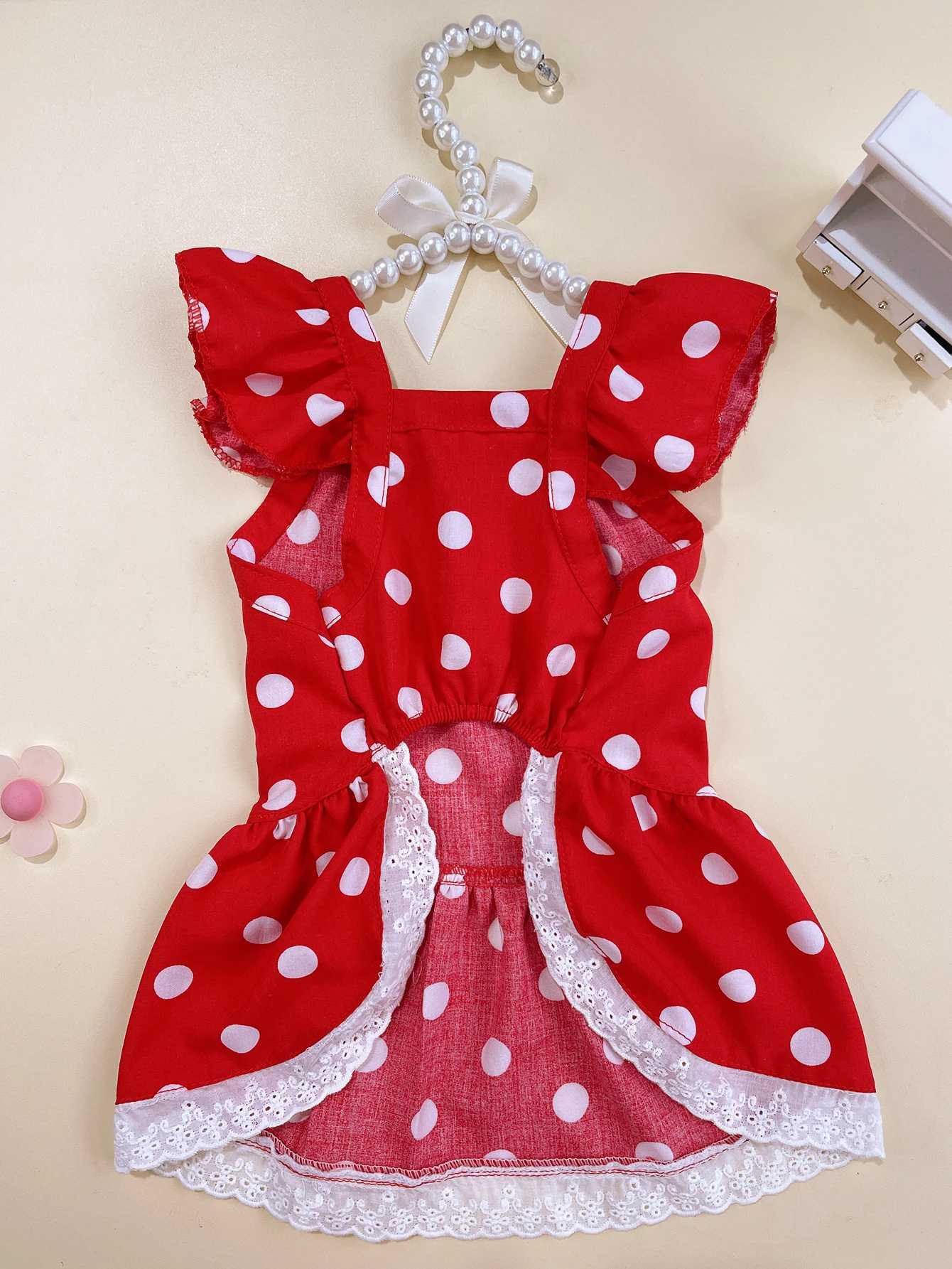 239Red French Polka Dot Romantic Short-Sleeved Lace Trim Dress M251208
