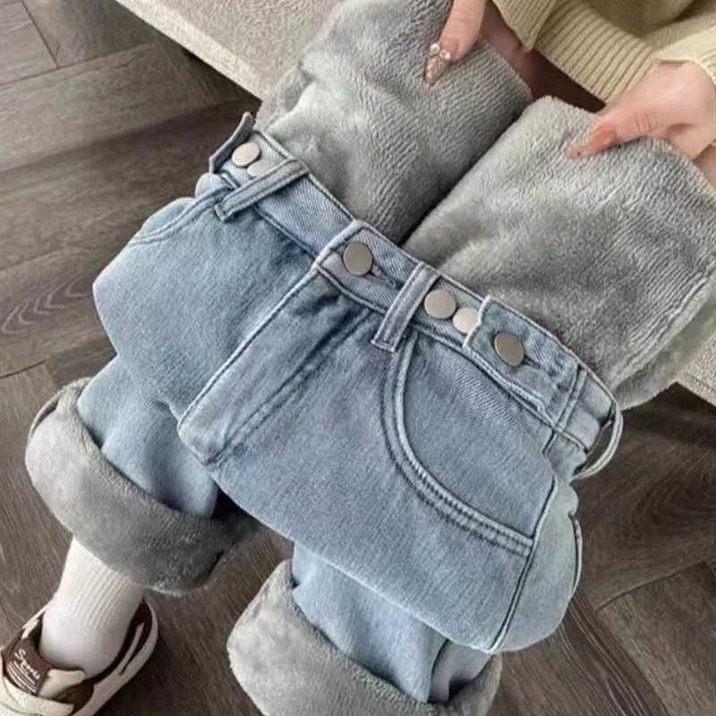 Womens Plush Thickened Warm Wide Leg Jeans Adjust Waist Slimming Draped Retro Fleece Lined Straight Denim PantsT251208