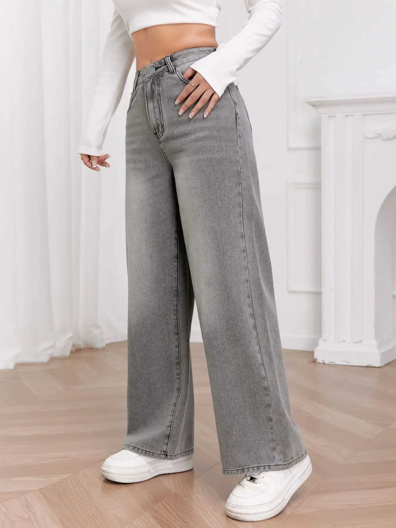European and N Trend Washed Sky Gray Wide Leg Jeans Women Comfortable Fashion All-around Match Trend JeansT251208