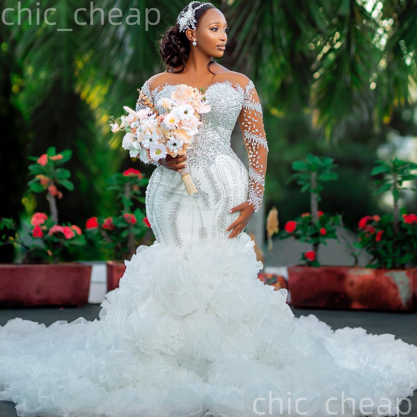 2026 Arabic Aso Ebi Plus Size Ivory Wedding Dresses Beaded Crystals Sheer Neck Organza Tiers Luxurious Bridal Gowns Dress For Brides ZJ2058