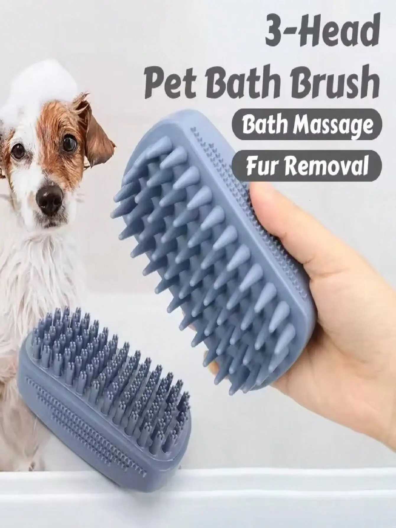 1Pc 3-Head Silicone Bath Massage Brush with Fur Removal for Cats/Dogs - Collects 96 Wet Hair during Washing - Grooming Tool M251208