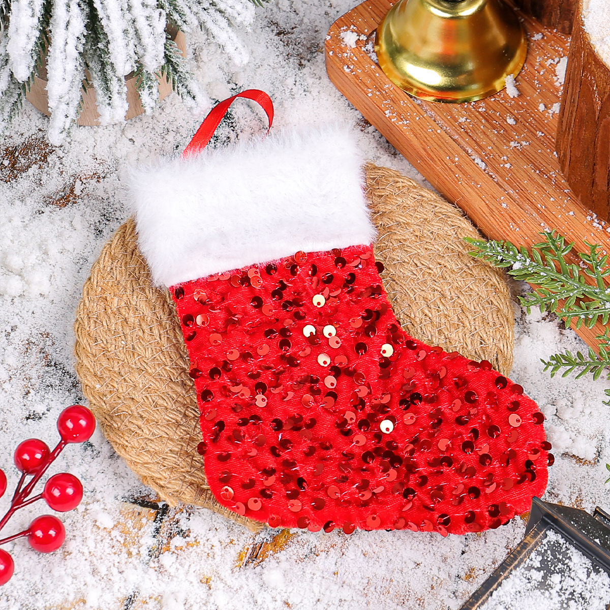 glitter plush white border glitter Christmas socks decoration Christmas tree candy bag pendant Christmas gift bag 251013