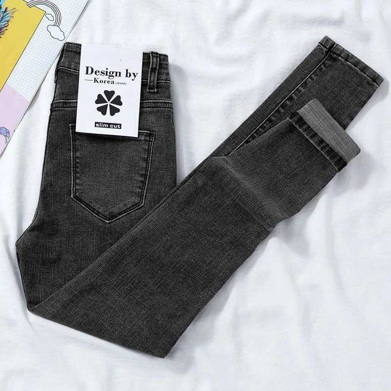 Women Slim Waist Stretchy Skinny Jeans Korean Fashion Nine Point Denim Pencil Pants Vintage Straight Leg JeansT251208