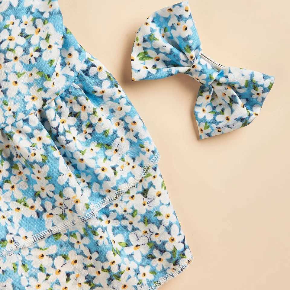 Cute Puppy Dress Set Blue Floral Print Bow Hair Accessory Ruffled Skirt Sweet Pet Wear for Daily Pet Apparel Adorable Costume M251208