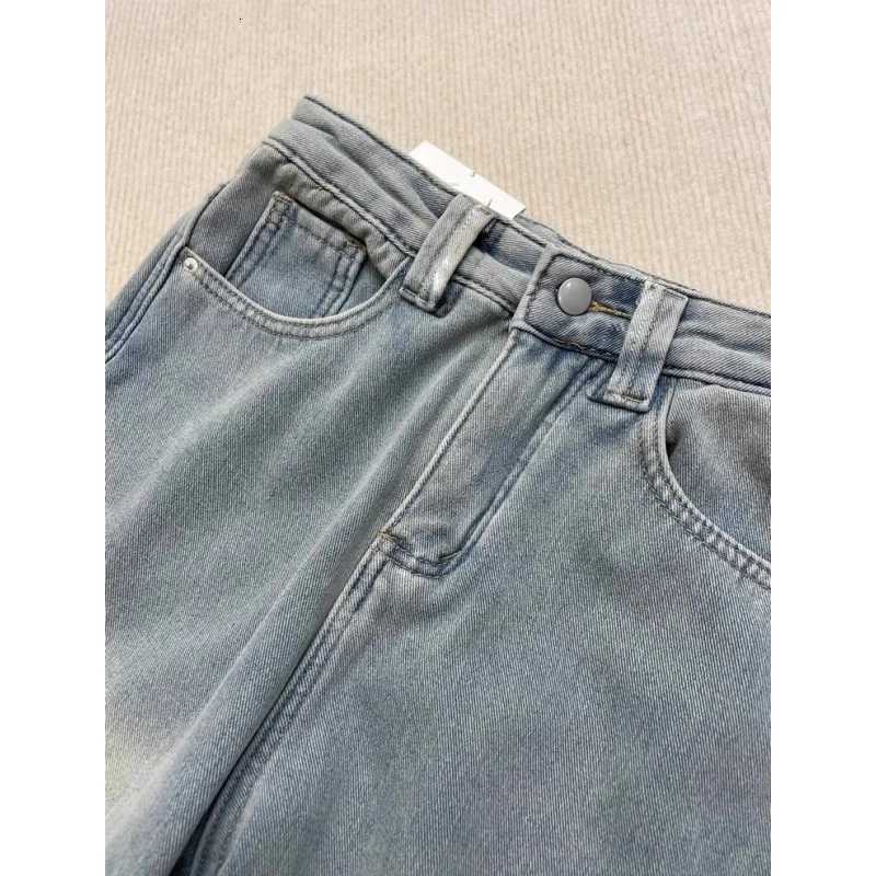 Jeans For Woman Y2k Pants 2025 Latest Light Blue American High Street Winter Fleece Loose Wide Leg Straight Long Denim TrousersT251208