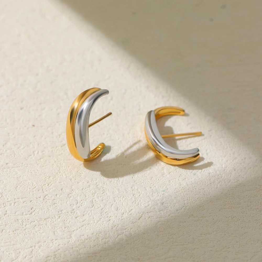 Gold Sliver Color Irregular Cshape Stud Earrings Stainless Steel Bicolor Geometric Waterproof Fashion Jewelry Party Gift Women J251208
