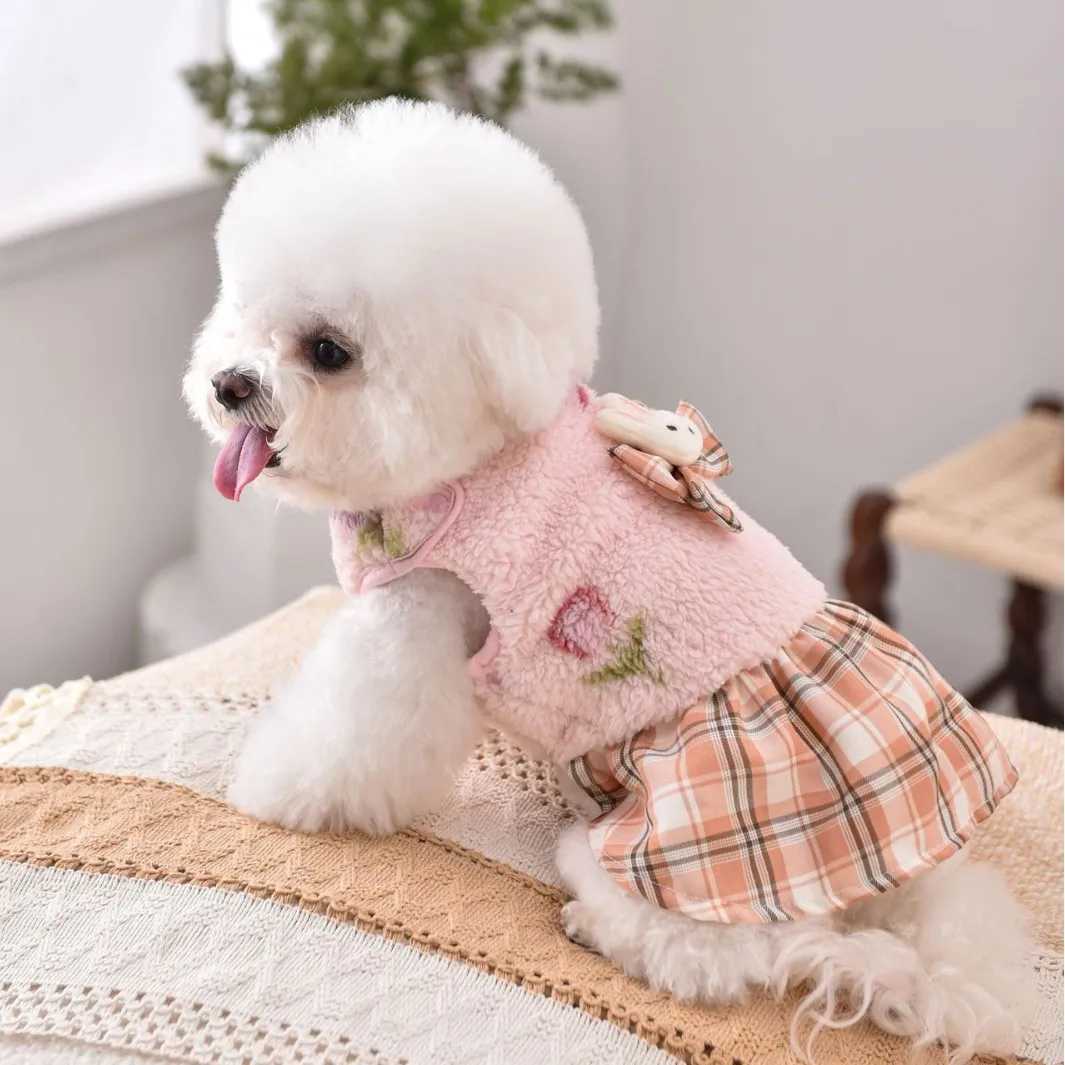 Winter Dog Cat Dress Pink Vest With Plaid Skirt Puppy Costume Pomeranian Poodle Schnauzer Autumn Outfit Puppy Clothes Accessory M251208