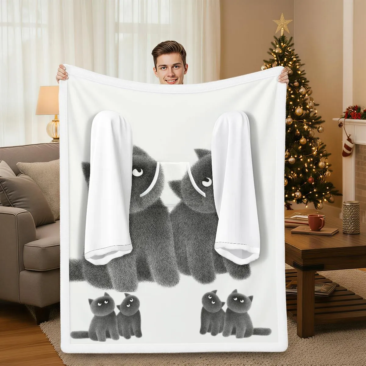 All Over Print Wearable Blanket with Sleeves Dual Layer Sherpa Fleece Hooded Robe Long Sleeve Oversized Snuggle Sack for Adults