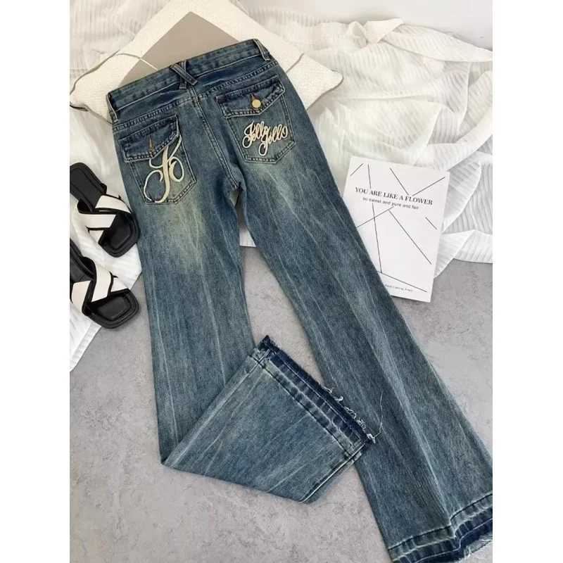 American retro low-waisted jeans female autumn new embroidery old casual fashion temperament slim Joker bell bottomsT251208