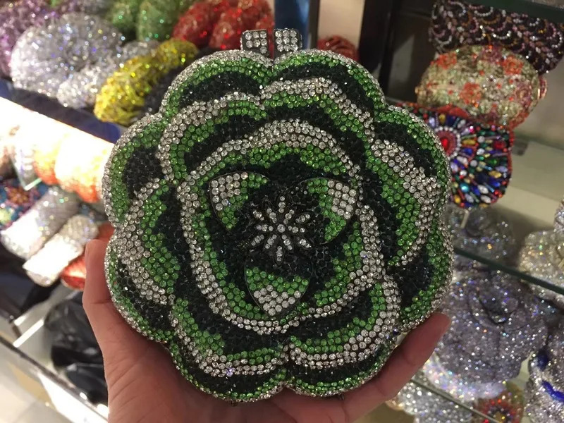 Rose Flower PinkGreen Rhinestones Evening Clutches Women Floral Yellow Crystal Bags Bridal Wedding Party Clutch Purse 251205