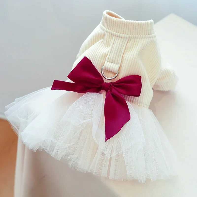 1PC Beige Chest Back Gauze Skirt Pet Clothes Dog Cat Anti-hair Loss Beige Princess Style Dress Red Bow Traction M251208