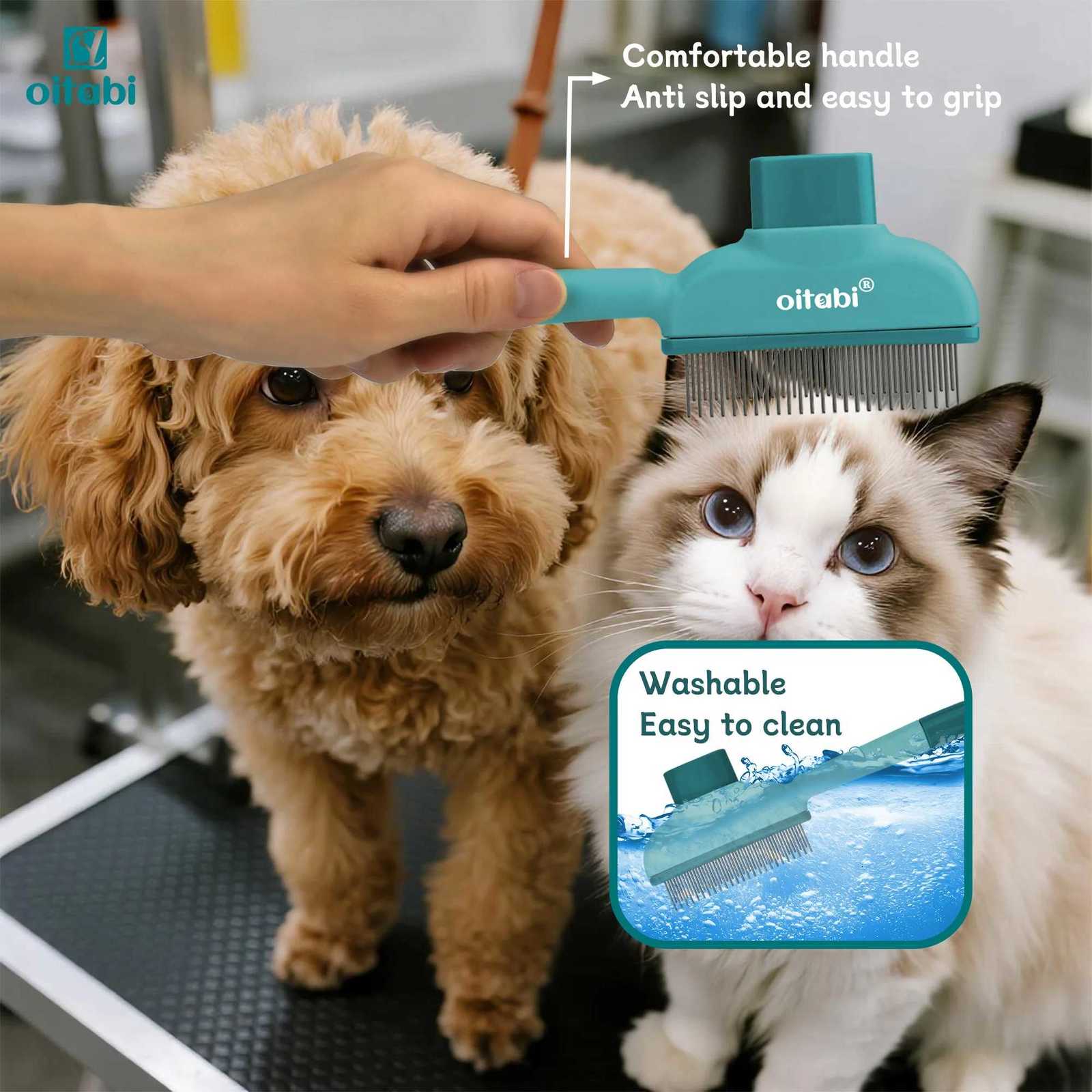 OITABI Flea Comb for Cats Dogs Magic Self-Cleaning Cat Grooming Brush with Stainless Steel Teeth Cat Combs for Fleas Ticks M251208 - view 5