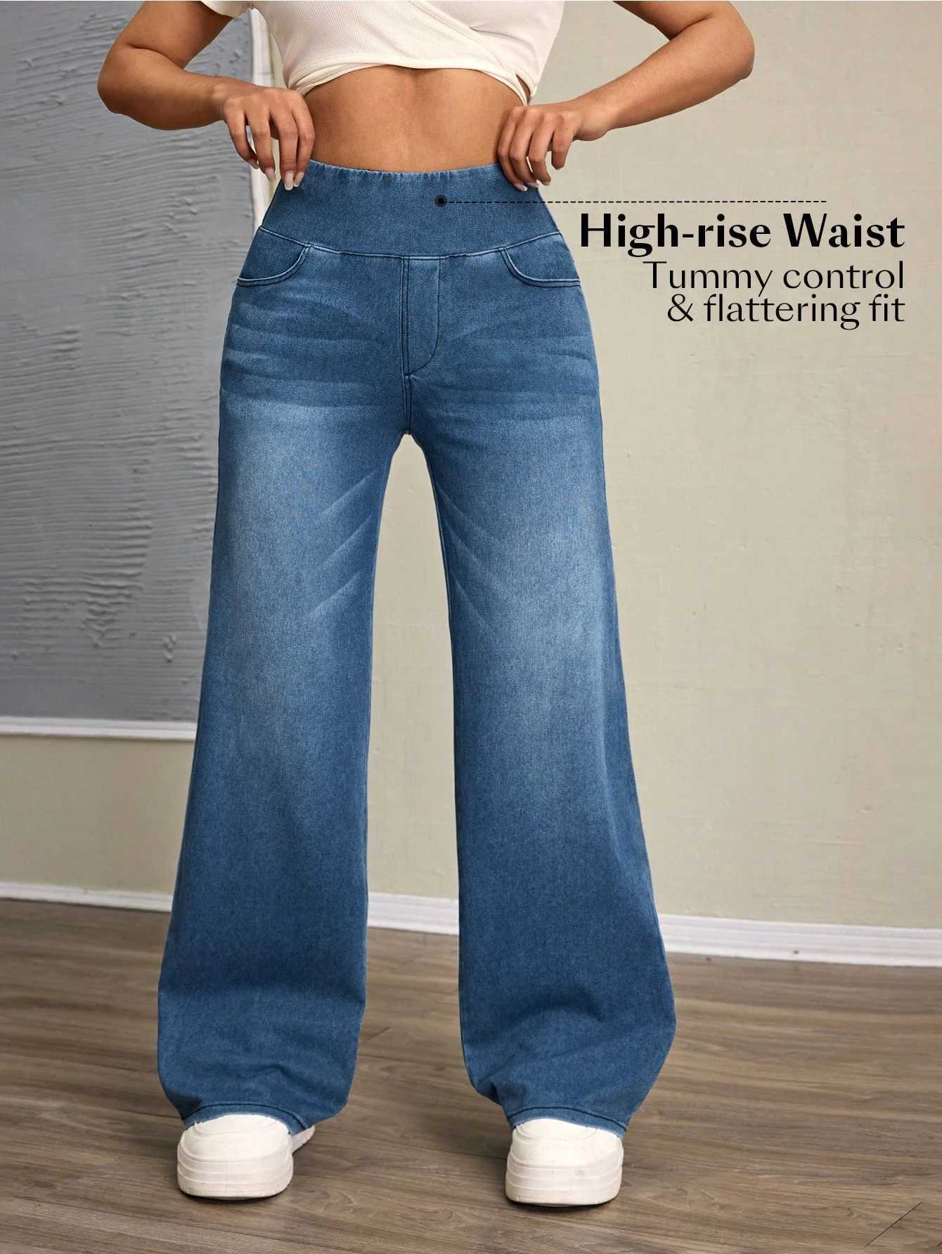 Womens high-rise wide-leg jeans with tummy tuck slim fit made from stretch denim fabric are stylish for casual everyday wearT251208